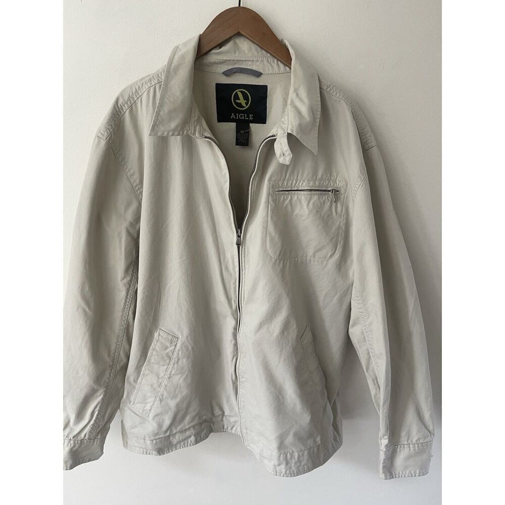 AIGLE Barn Jacket Men's XXL Full Zip Cotton Beige Khaki Outdoor Workwear Casual